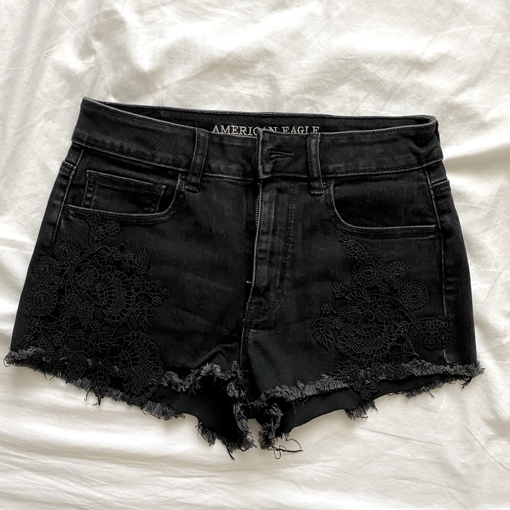 American Eagle Black Hi Rise Shortie Jean Shorts with embroidery